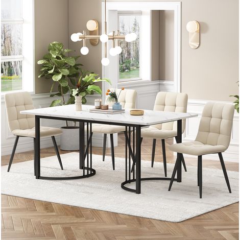 CHICFURN Set da pranzo 5 pezzi 140 x 80 cm MDF bianco effetto marmo, sedie velluto beige (1/5)