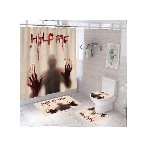 Horror Help Halloween Duschvorhang-Set, generisches 71 Zoll x 71 Zoll Halloween Badezimmer-Dekorationsset - Duschvorhang mit Matte, WC-Deckelbezug, B