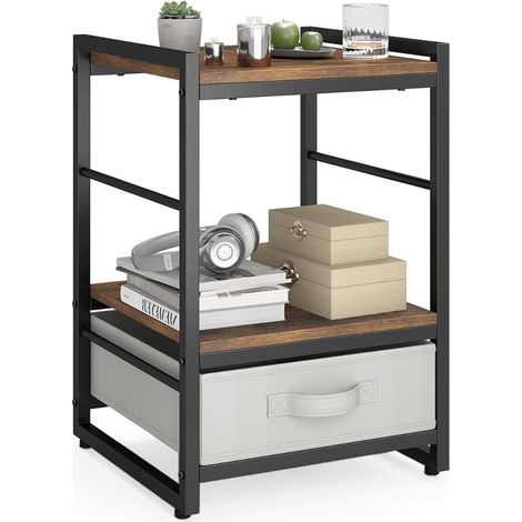 Comodino con mensola aperta cassetto in tessuto struttura metallica Tavolino industriale 40cm Marrone (1/2)