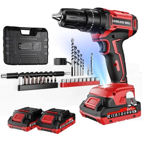 21V Cordless Drill with 2 × 2000mAh Battery, 45Nm Max Torque 25+3 Torque Positions (2 Speeds & LED), and Charger for Home and Garden DIY Project (2 Battery) (1/5)
