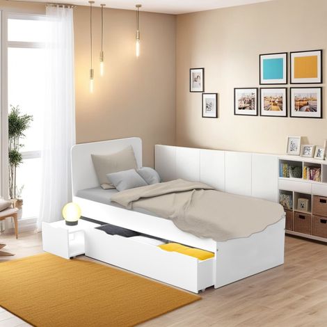 Le Quai Des Affaires – Lit ZENIA 90x190 avec chevet et tiroir – Structure en panneau de particules blanc – Hauteur 100 cm – Volume tiroir 178L