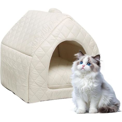 XEPHO Niche pour chat - 40 x 40 x 40 cm - Maison d'intérieur avec coussin amovible - Pliable 2 en 1 - Lit pour chat domestique - Lavable - Pour animaux de compagnie de petite et moyenne taille - Crème