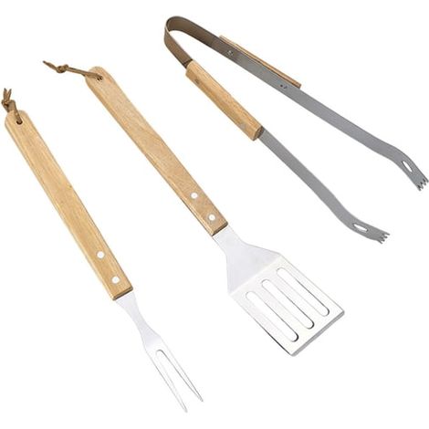 Edelstahlspatel, Küchenutensilien-Set, Edelstahl-Grillbesteck-Set, Grillgabel mit Holzgriff, Kombi-Spatel und -Zange, komplettes Grillbesteck-Set, Holzspatel (1/5)