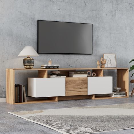 Mobile TV basso con 2 ante a ribalta, 1 anta a battente, 3 ripiani a giorno, combinazione di colori bianco e legno naturale, mobile TV per televisori fino a 85 pollici, adatto per soggiorno e sala da (1/5)