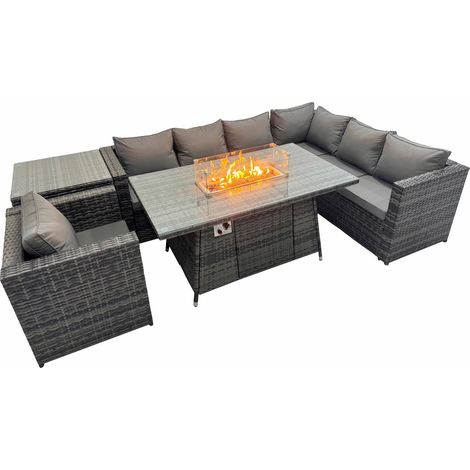 Fimous Garden Rattan Furniture Set 7 Seater Outdoor Corner Sofa Chair Gas Firepit Dining Table Set with Side Table Dark Grey (1/5)