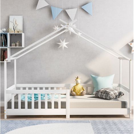 Bett Hausbett 90x200 Stauraum Zaun Weiss Holz OKMYHOME (1/5)