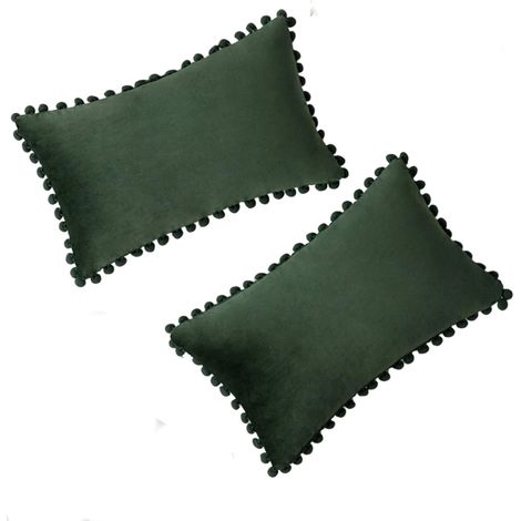 Housse De Coussin Velours - 18x18 Pouces - Avec Pompons - Pour Canapé Chambre Bureau Voiture - Vert Foncé - Lot De 2 (1/5)