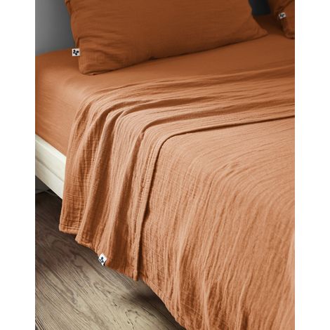 Drap plat "Gaïa" toutes dimensions "Gaze de Coton" l'Effet Papillon - Gaia Abricot - - Gaia Abricot - 240 x 300 cm pour lit 2 places (1/3)