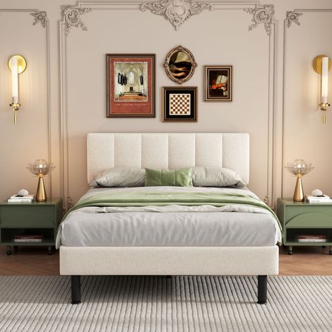 Lit 140x190cm - Tissu Sherpa Doux - Pieds Métal Robustes - Sommier à Lattes Inclus - Capacité 300kg - Beige