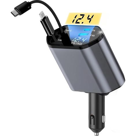 4 en 1 Allume Cigare USB C, Retractable Chargeur Voiture 66w, Chargeur Allume Cigare Rapide Adaptateur,Chargeurs Telephone Portable Automobile Compatible avec iPhone16 15/Samsung Galaxy/iPad