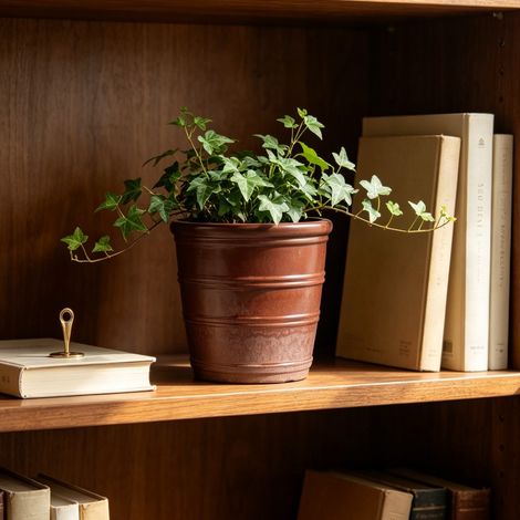 Pot céramique artisanal Ø24 cm, brun rouge brillant, rainures horizontales, respirant, antigel, drainage, pour petites plantes, succulentes et fenêtre. (1/5)