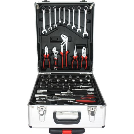 Ensemble d’outils DIY 899 pièces avec trousse à 4 tiroirs et boîte roulante. Polyvalent pour entretien,jardin et maison,couleur argent. (1/5)