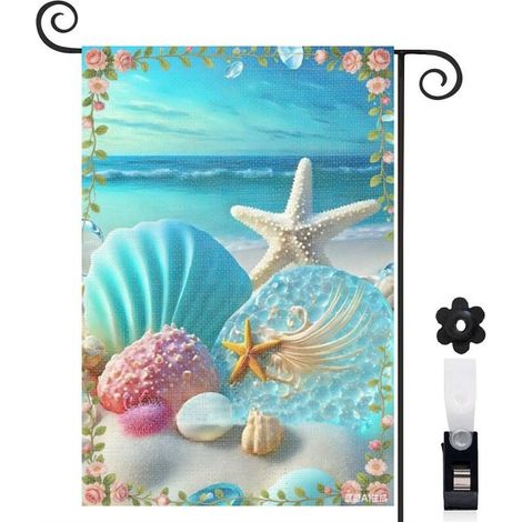 Drapeau de jardin 30 x 45 cm motif coquillages marins et style été toile double face pour décoration extérieure (1/5)