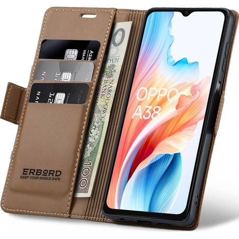 Funda para Oppo A38 / A18, tipo cartera con tapa abatible, color lichi brillante, marrón. (1/5)
