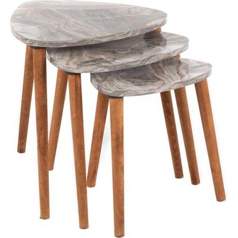 Set 3 Tavolini in legno Damla marmo beige triangolari