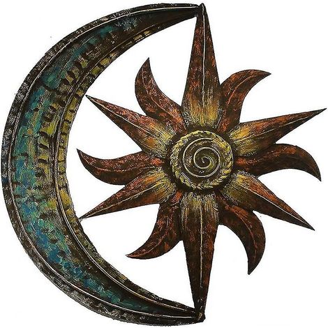 Décoration murale soleil et lune en métal 29 x 29 cm, idéale pour le jardin, le salon ou la chambre (style rétro). (1/5)