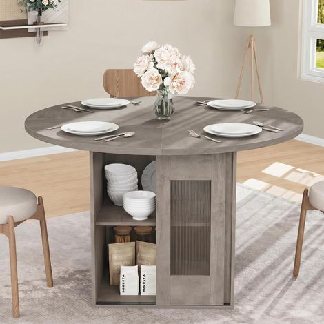 BALOVEBY - Table à Manger Ronde120cm avec Rangement Coulissant & Étagère 2 Niveaux, Style Fermier Bois, Pour 4 à 6 Personnes, Gris (1/5)