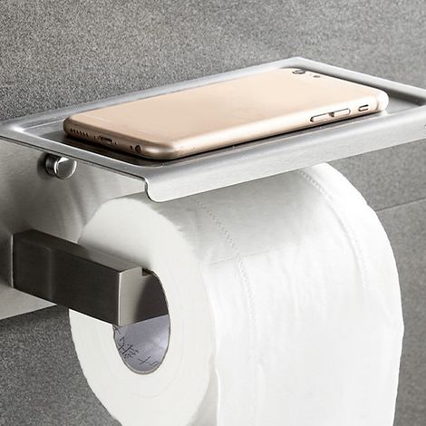 Support mural en acier inoxydable 2 en 1 salle de bain : porte rouleau papier toilette, étagère rangement essuie-mains et support smartphone, finition miroir (1/4)