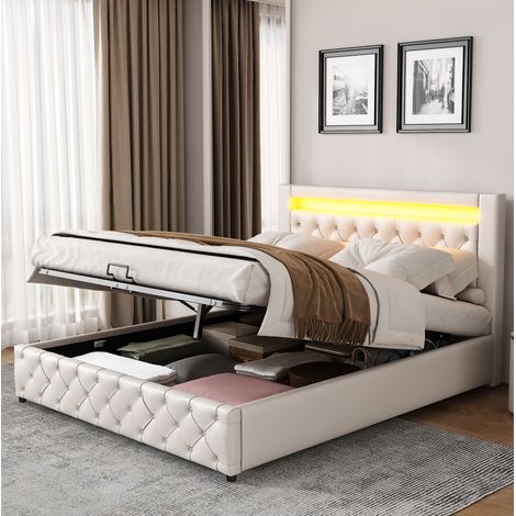 Lit coffre 160x200 cm avec rangement et éclairage LED, en PU blanc, sans matelas (1/5)