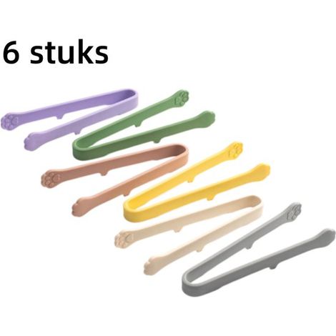 Set di 6 clip per alimenti. Materiale: silicone. Clip multifunzionali per snack, frutta, zollette di zucchero e cubetti di ghiaccio. Sei colori. 14,5 x 2 cm. (1/5)