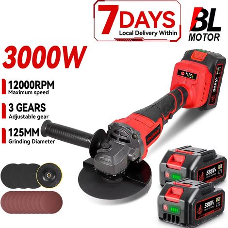Meuleuse d'angle 125 mm brushless sans fil 3000W – 3 vitesses, machine de coupe métal et polissage, batterie Makita 18V avec 2 batteries (1/5)
