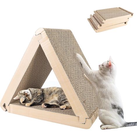 Griffoir triangulaire pour chat en carton ondulé, 6 côtés utilisables en carton, tapis griffoir pour chat, disponible des deux côtés, tapis à gratter pour chat (marron) (1/5)