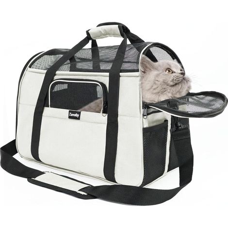 Sac Transport Chat Chien, Sac Transport Respirant et Pliable, Caisse de Transport Chat avec Bandoulière Réglable, Matelas en Peluche Amovible (Beige, Medium) (1/5)