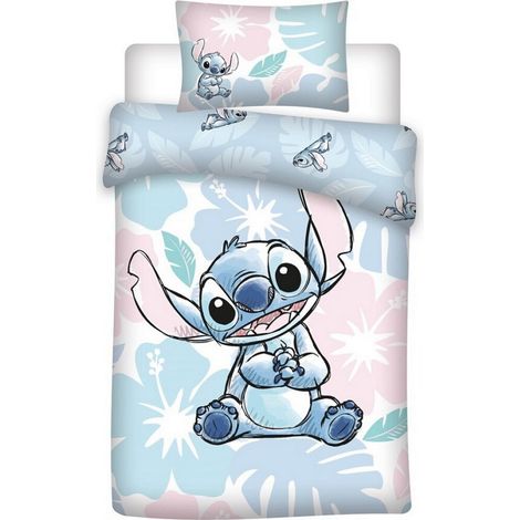 Parure de lit réversible 100x140 cm coton Lilo & Stitch – Housse de couette et taie d'oreiller – Lavable en machine à 60° – Aymax