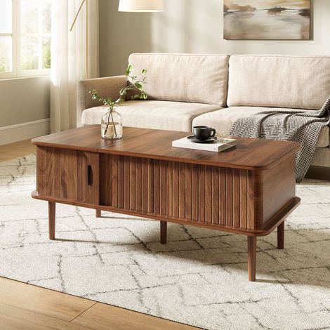 Table basse multifonction – Plateau relevable réglable en hauteur – Rainures verticales pieds bois massif – Idéal salon et petit appartement – 100×48×55,5 cm – Noyer (1/5)