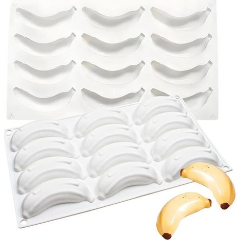 Moule à pâtisserie en silicone 3D en forme de banane, 12 cavités, 29,5 x 17 x 2 cm, pour desserts, mousses, chocolats, pâtisseries, gelées, puddings. (1/5)