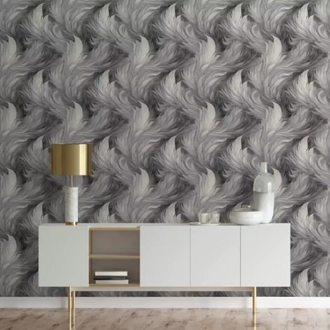 Black Grey Feather Wallpaper Metallic Shimmer Elegant Feature Wall High Quality (1/5)