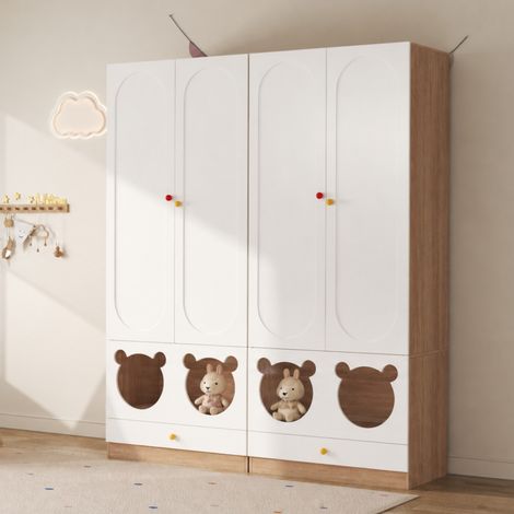 Armoire deux portes, armoire enfant, mobilier de chambre d'enfant, avec penderie et tiroirs, finition laquée, 80 × 50 × 200 cm, lot de 2, contraste blanc et bois (1/4)