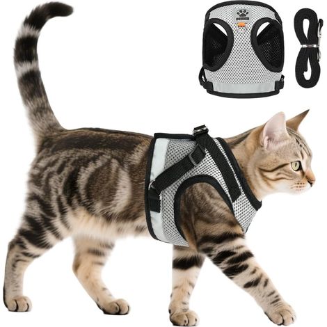 2 Pièces - Harnais Pour Chat - Gilet En Maille - Réglable Et Respirant Avec Bande Réfléchissante - Pour Chaton Et Chiot - Noir - 29x33cm (1/5)
