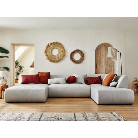 Lisa Design – Canapé d'angle panoramique 7 places en tissu 100% polyester – Structure en bois – Dimensions L334xH75xP198 cm – Confort optimal avec coussins décoratifs