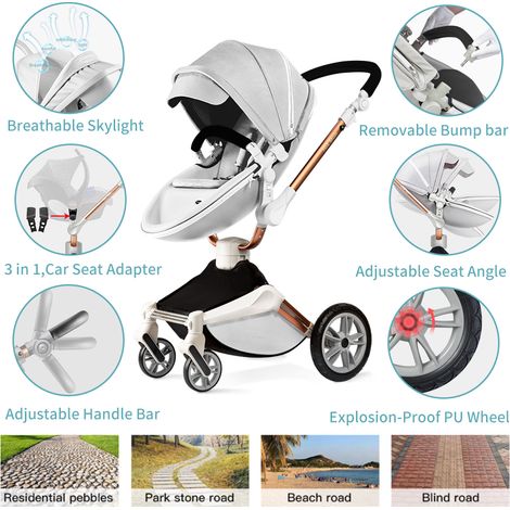 Poussette pivotante à 360° pour bébé – Cuir PU facile à nettoyer + Guidon réglable + Inclinaison 3 positions, Grand espace de rangement (Gris, Modèle F023) (1/5)