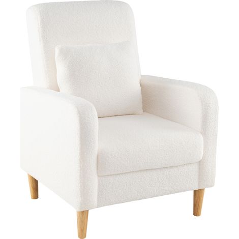 Fauteuil blanc en tissu peluche avec coussin lombaire amovible et pieds en bois massif pour salon, chambre et bureau (1/5)