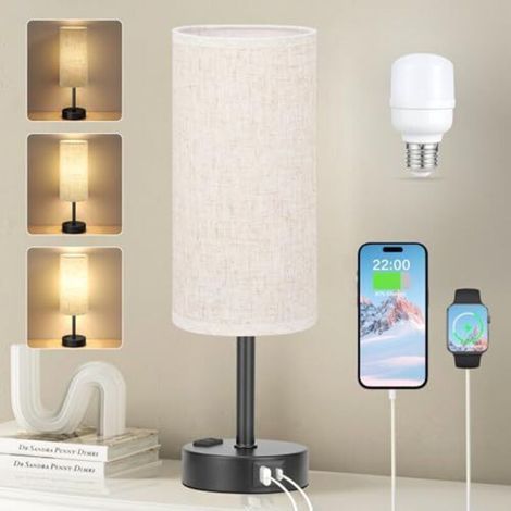 Dimmable touch bedside lamp, table lamp with USB A+C+ charging port, linen lampshade, lamp for bedside table, living room, bedroom, children's room, office (bulb (1/4)
