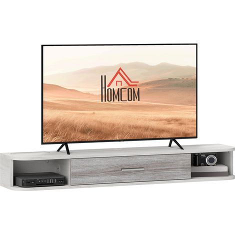Mobiler, hängender TV-Ständer mit 2 offenen Ablagen und einem wendbaren Auslegerschrank, TV-Ständer aus Holz, 120 x 26 x 16 cm, Weiß und Grau