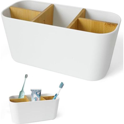 Porte-brosse à dents avec cloisons en bambou, organisateur de salle de bain à 5 compartiments, organisateur de salle de bain pour brosse à dents électrique, rangement pour brosse à dents (1/5)