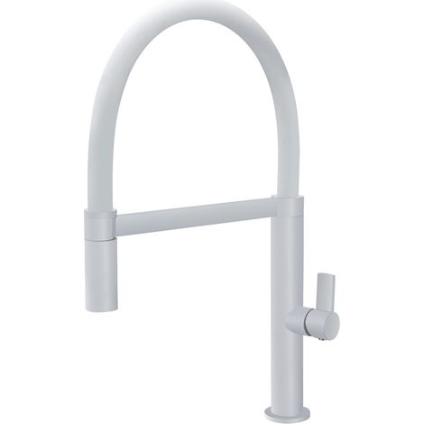 IMEX Grifo de cocina monomando Laos acero y latón cuerpo y cano flexible blanco mate cartucho 25 mm tubos 50 cm modelo Imex-GCE014