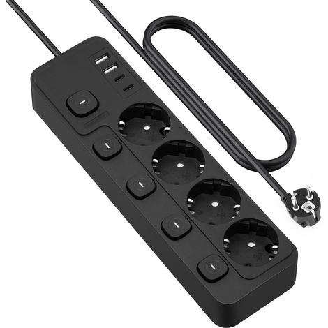 Multiprise avec interrupteur, 4 prises Multiprise Electrique avec 2 USB A et 2 USB C, Prise Multi Parafoudre Parasurtenseur, 2M Câble à la Maison et au Bureau, Noir (1/5)