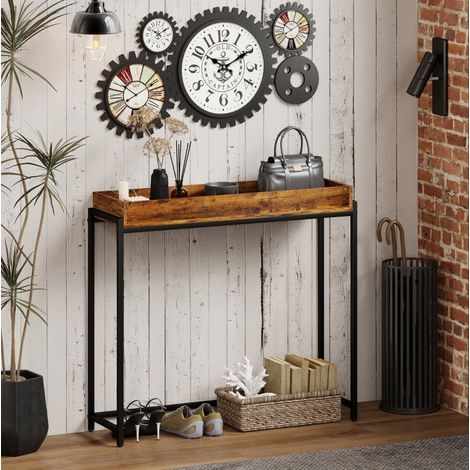 Table console d'entrée 100x30x91 cm brun rustique, plateau avec rebords, métal et panneau MEUBLIV (1/5)