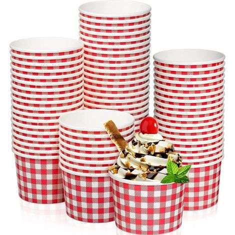 Ice Cream Cups Paper Bowls Disposable Gingham Cups Bulk Picnic Dessert Bowl Buffalo Plaid Snack Paper Cup Checkered Paper Party Cup for Hot or Cold Food(Red, 100 Pack) (1/5)