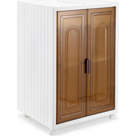 Randaco Mueble de almacenaje plegable de plástico, 3 compartimentos con puertas y ruedas, marrón y blanco (1/5)