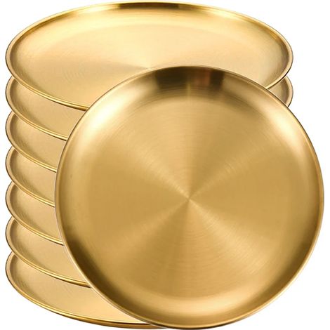 (8 pièces, or, 23 cm) Plateaux ronds peu profonds en acier inoxydable, antirouille, adaptés au camping, aux barbecues, etc. (1/3)