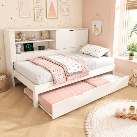 MEUBLIV Letto 90x200 cm bianco con letto estraibile e contenitore, senza materasso (1/5)