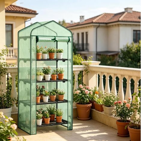 Petite serre de jardin 70x50x163 cm en PE et métal verte, avec rangement pour balcon FloraGrace (1/5)