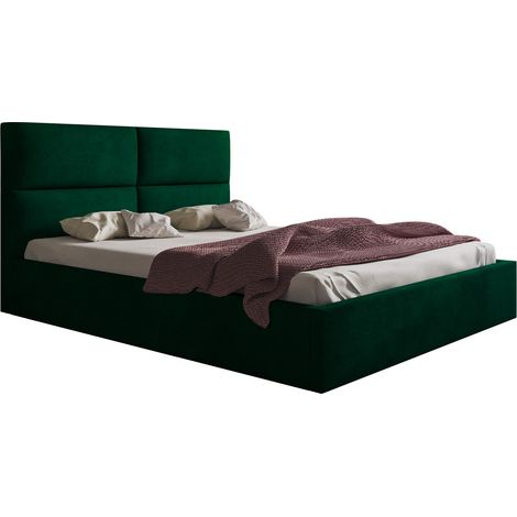 Lit double 160x200 cm Terra - Lit moderne rembourré avec coffre de lit, sommier à lattes - Tissu velours (Vert - Monolith 37)