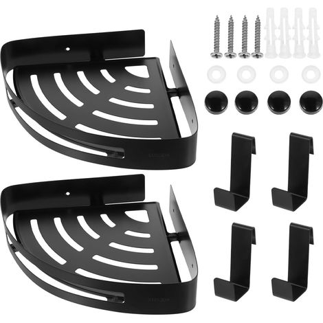 Corner Shelves, Practical Storage, Black Stainless Steel, Set of 2, 2 Hooks, Wall-Mounted Holder for Soap and Comb for Bathroom (1/5)