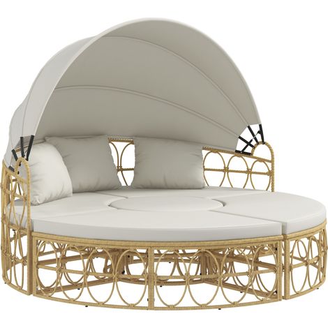 Îlot de jardin 4 pièces avec toit relevable, 2 places, 5 coussins, résine tressée, table basse et poufs, beige crème, 178 x 85 x 66,5 cm - CHICFURN (1/5)